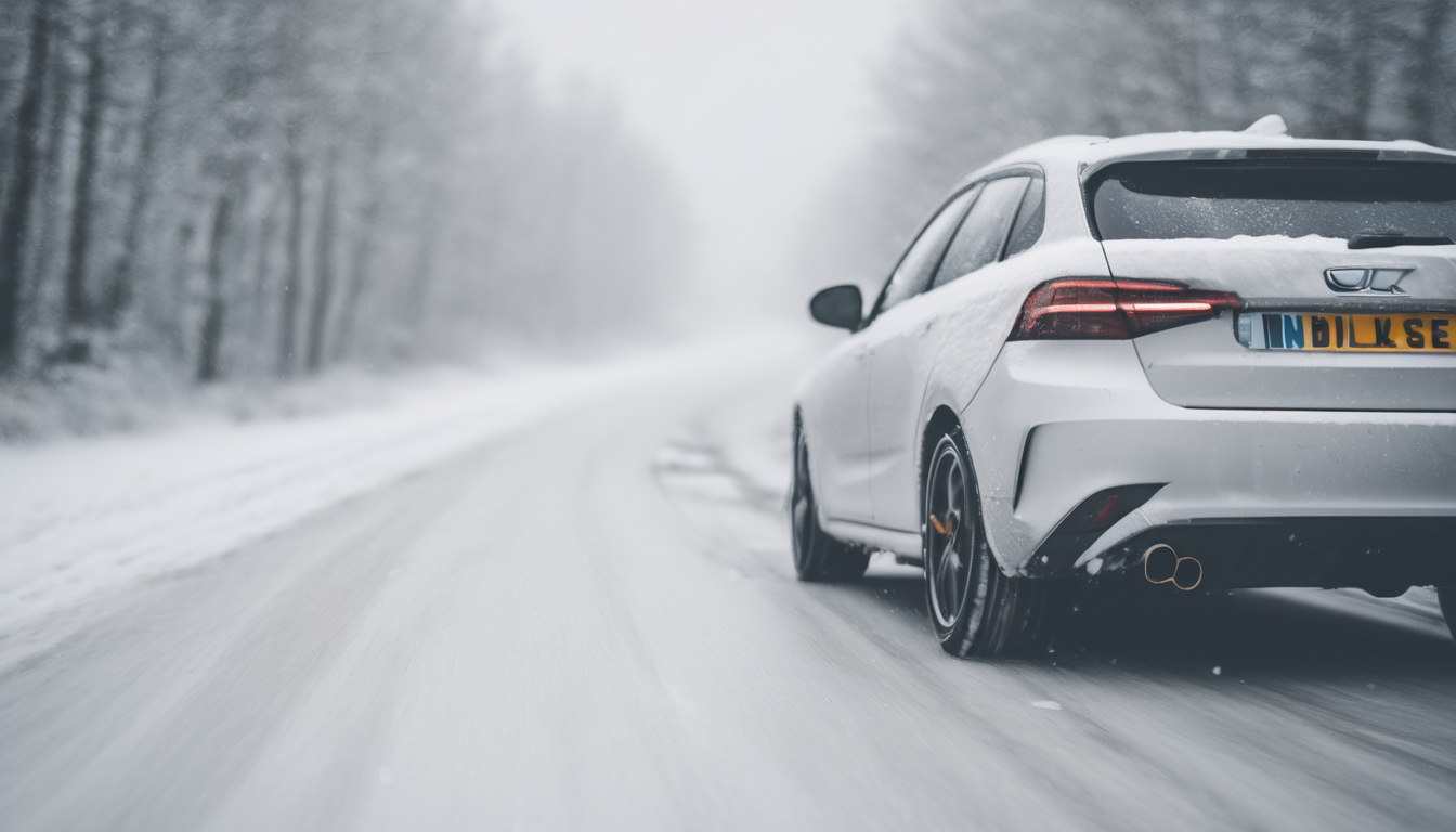 Winter Tyre Tips for UK Roads - Close-up of 3PMSF winter tyres on a family SUV navigating snowy UK motorway at dusk (98 characters)