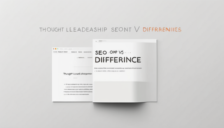 Thought Leadership vs SEO Content Differences - Infographic showing pros cons comparison table for authority and rankings (98 chars)